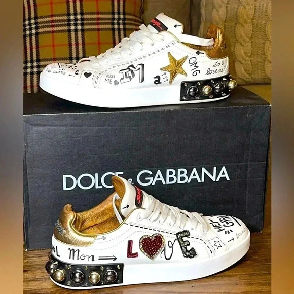 Dolce & Gabbana DG Portofino Designer Sneakers White Leather Shoes Sz 10 - Picture 1 of 16